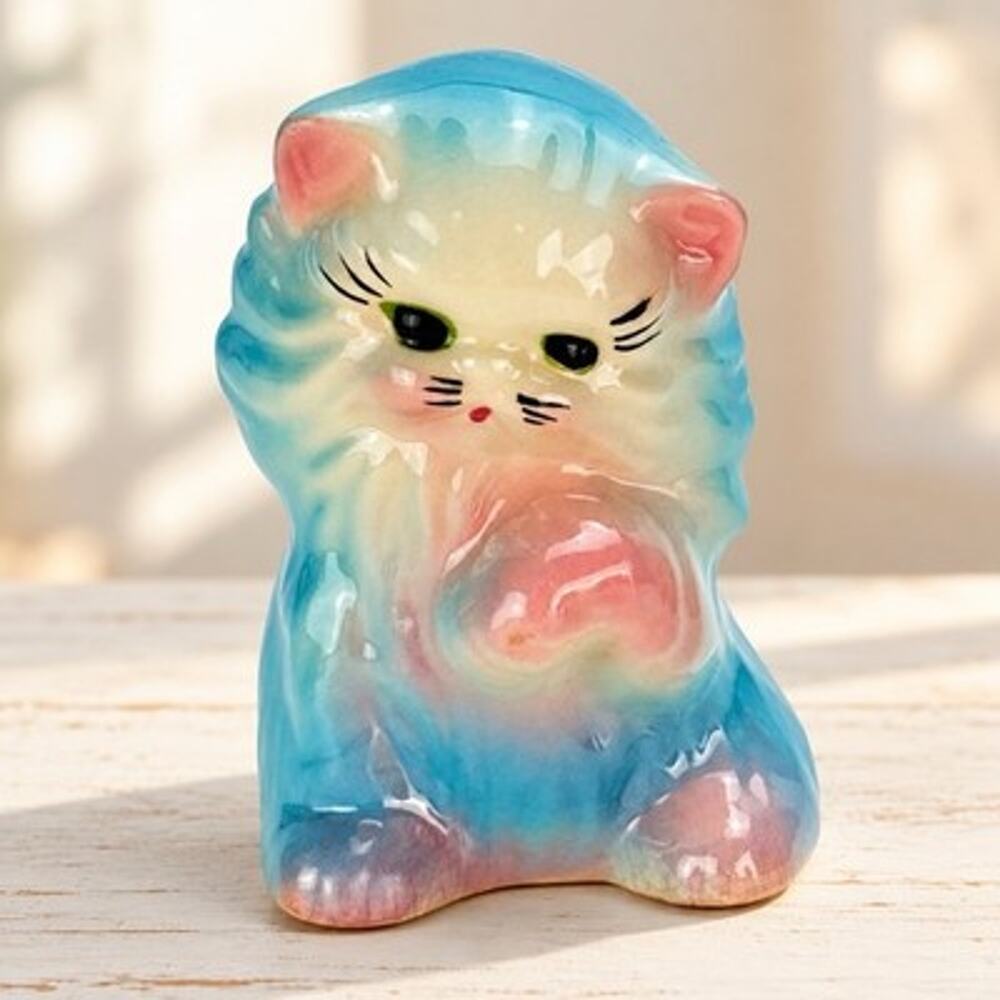 Vintage Blue Pink Ceramic Cat Kitten Planter Vase Green Eyes Kitsch 4.75”